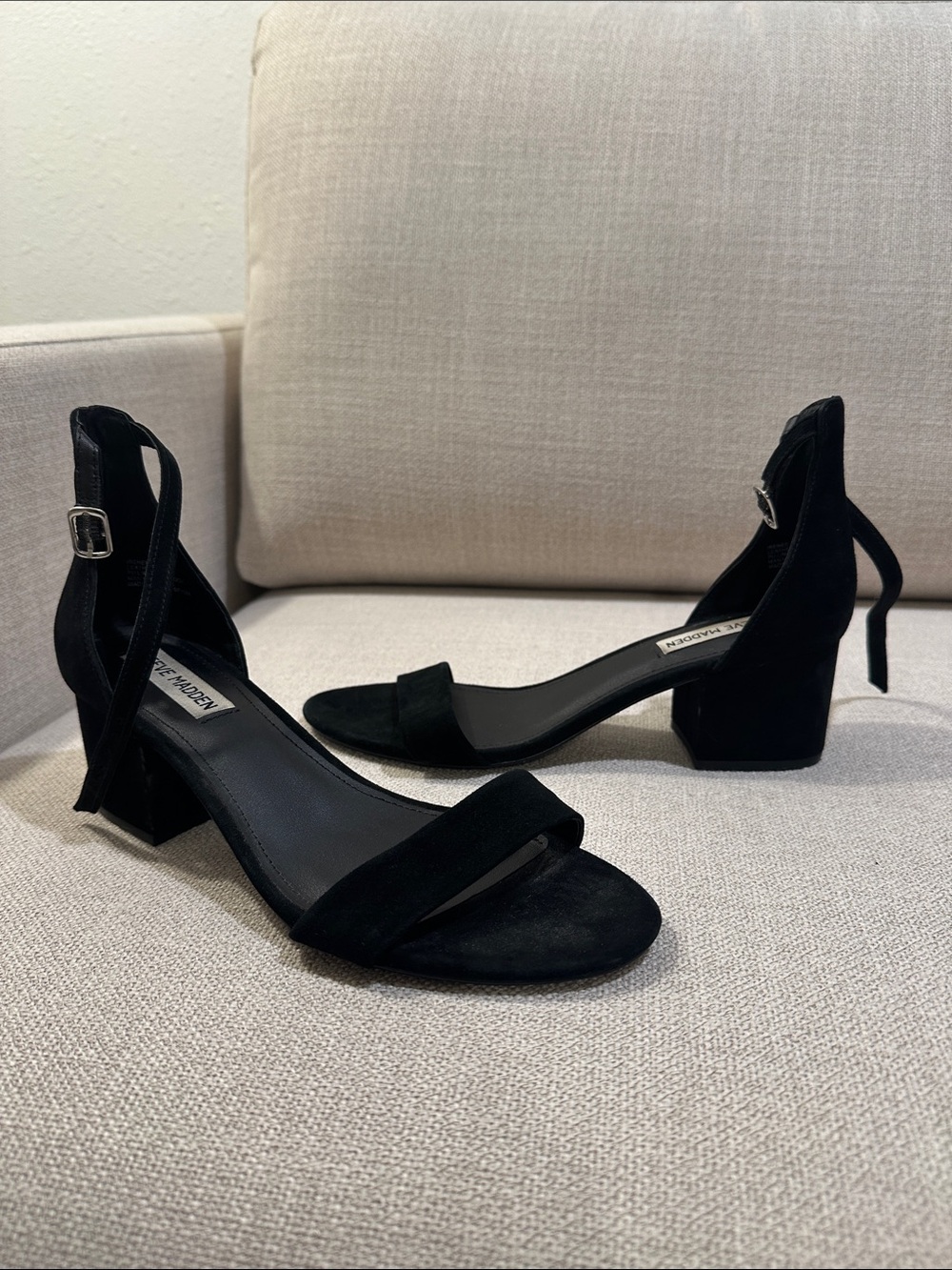 Steve Madden Black Suede Block Heel Sandals with Ankle Strap